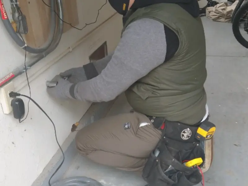Electrician performing outlet wiring in a Country Club Estates garage